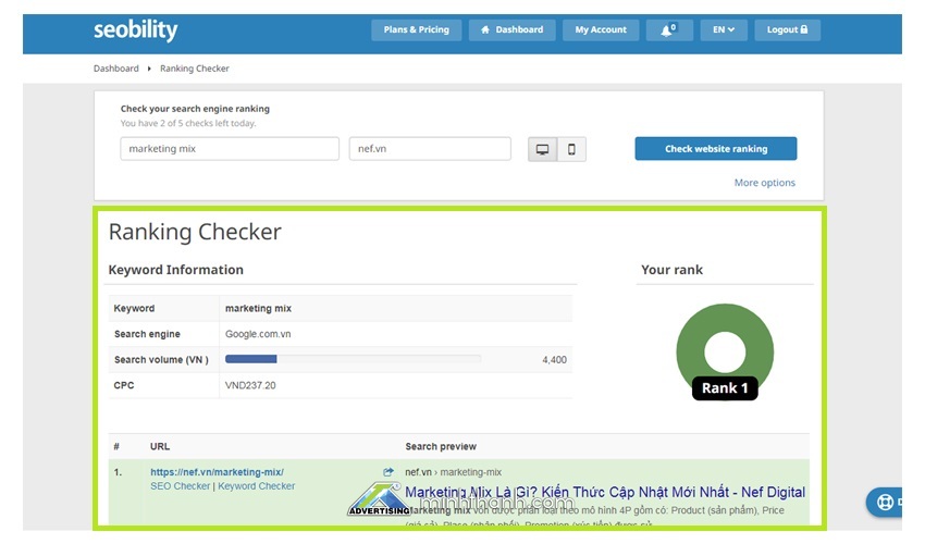 Trang kết quả Ranking Checker của SEObility