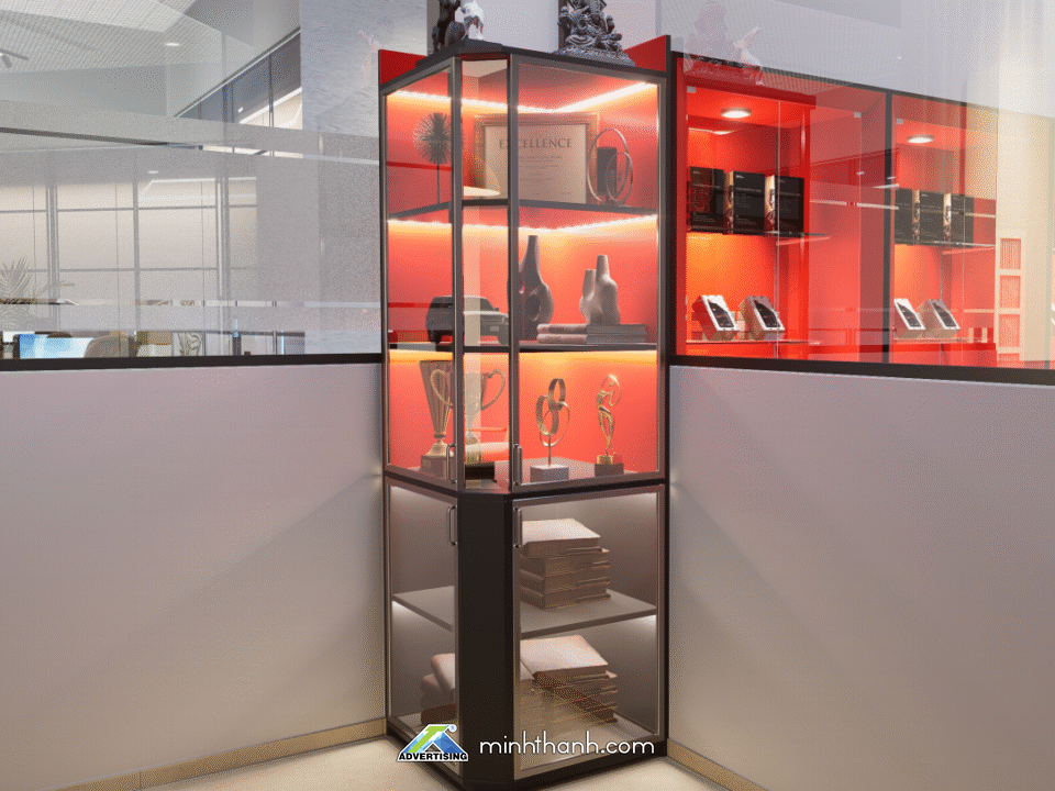 tủ góc trưng bày kỷ niệm chương showroom